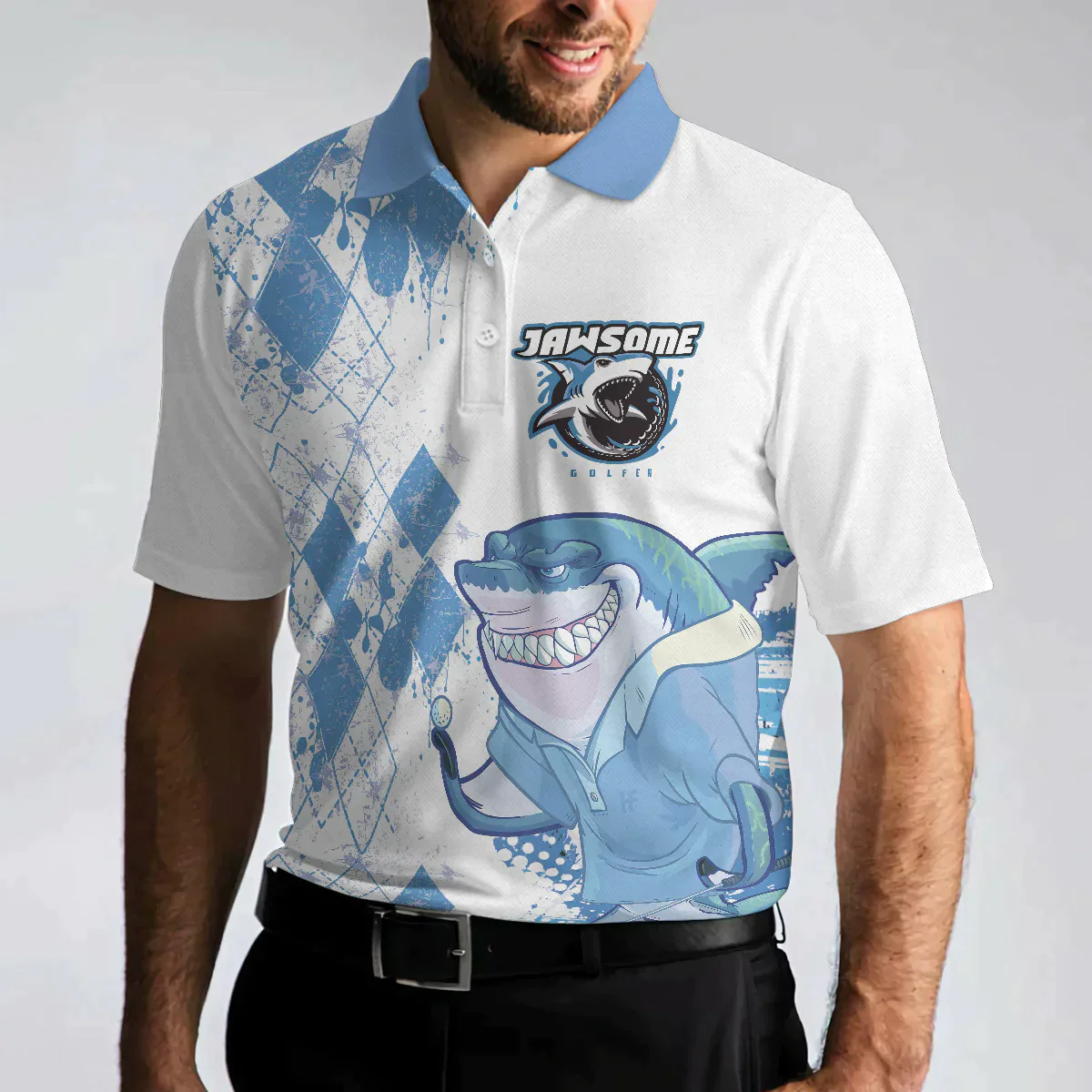 Golf Men Polo Shirt, Argyle Pattern American Flag Shark Polo Shirt, Jawsome Golfer Shark Shirts For Men - Gift For Golf Lovers, Golfers - Amzanimalsgift