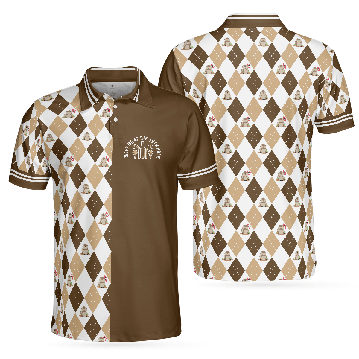 Golf Men Polo Shirt, Argyle Pattern Golf Shirts, Gopher Meet Me At The 19th Hole Short Sleeve Polo Shirt For Men - Gift For Golfers, Golf Lovers - Amzanimalsgift