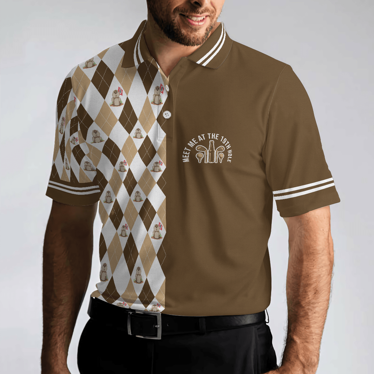 Golf Men Polo Shirt, Argyle Pattern Golf Shirts, Gopher Meet Me At The 19th Hole Short Sleeve Polo Shirt For Men - Gift For Golfers, Golf Lovers - Amzanimalsgift