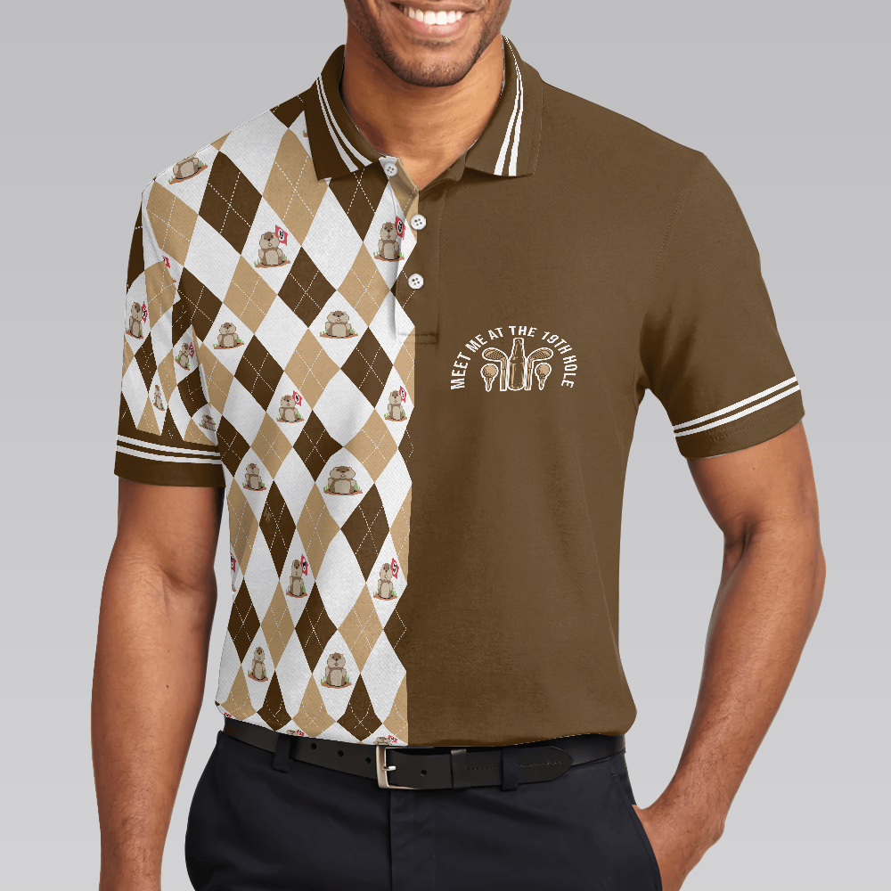 Golf Men Polo Shirt, Argyle Pattern Golf Shirts, Gopher Meet Me At The 19th Hole Short Sleeve Polo Shirt For Men - Gift For Golfers, Golf Lovers - Amzanimalsgift