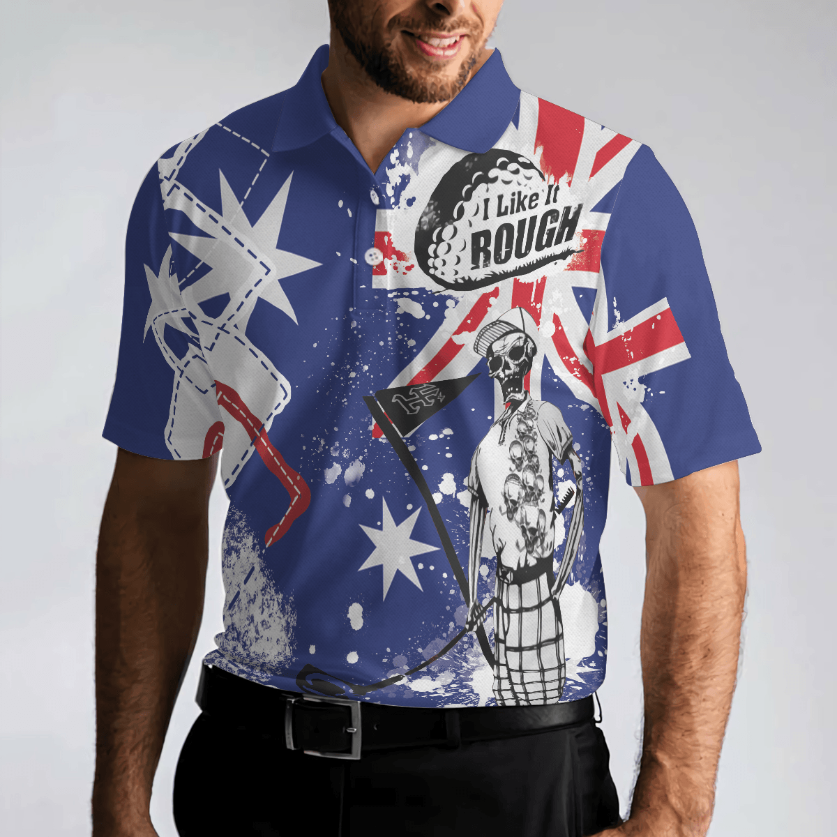 Golf Men Polo Shirt, Argyle Pattern Skeleton Golfing, Golf I Like It Rough Australian Flag Polo Shirt For Men - Best Gift For Golfers, Golf Lovers - Amzanimalsgift