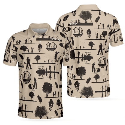 Golf Men Polo Shirt, Beige Vintage Silhouette Golfers Cream Polo Shirt, Best Golf Shirt For Men - Gift Idea For Golfers, Golf Lovers - Amzanimalsgift