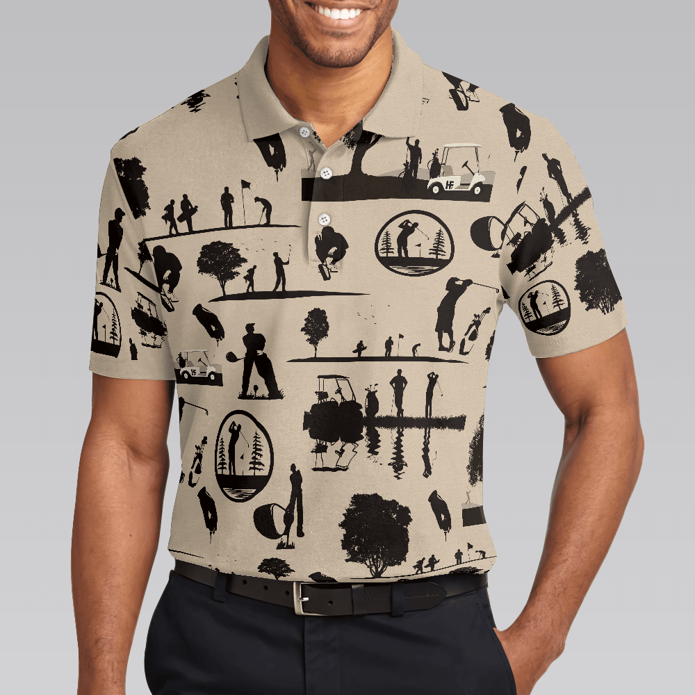 Golf Men Polo Shirt, Beige Vintage Silhouette Golfers Cream Polo Shirt, Best Golf Shirt For Men - Gift Idea For Golfers, Golf Lovers - Amzanimalsgift