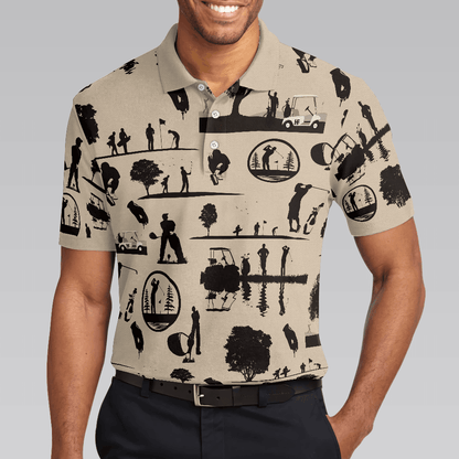 Golf Men Polo Shirt, Beige Vintage Silhouette Golfers Cream Polo Shirt, Best Golf Shirt For Men - Gift Idea For Golfers, Golf Lovers - Amzanimalsgift