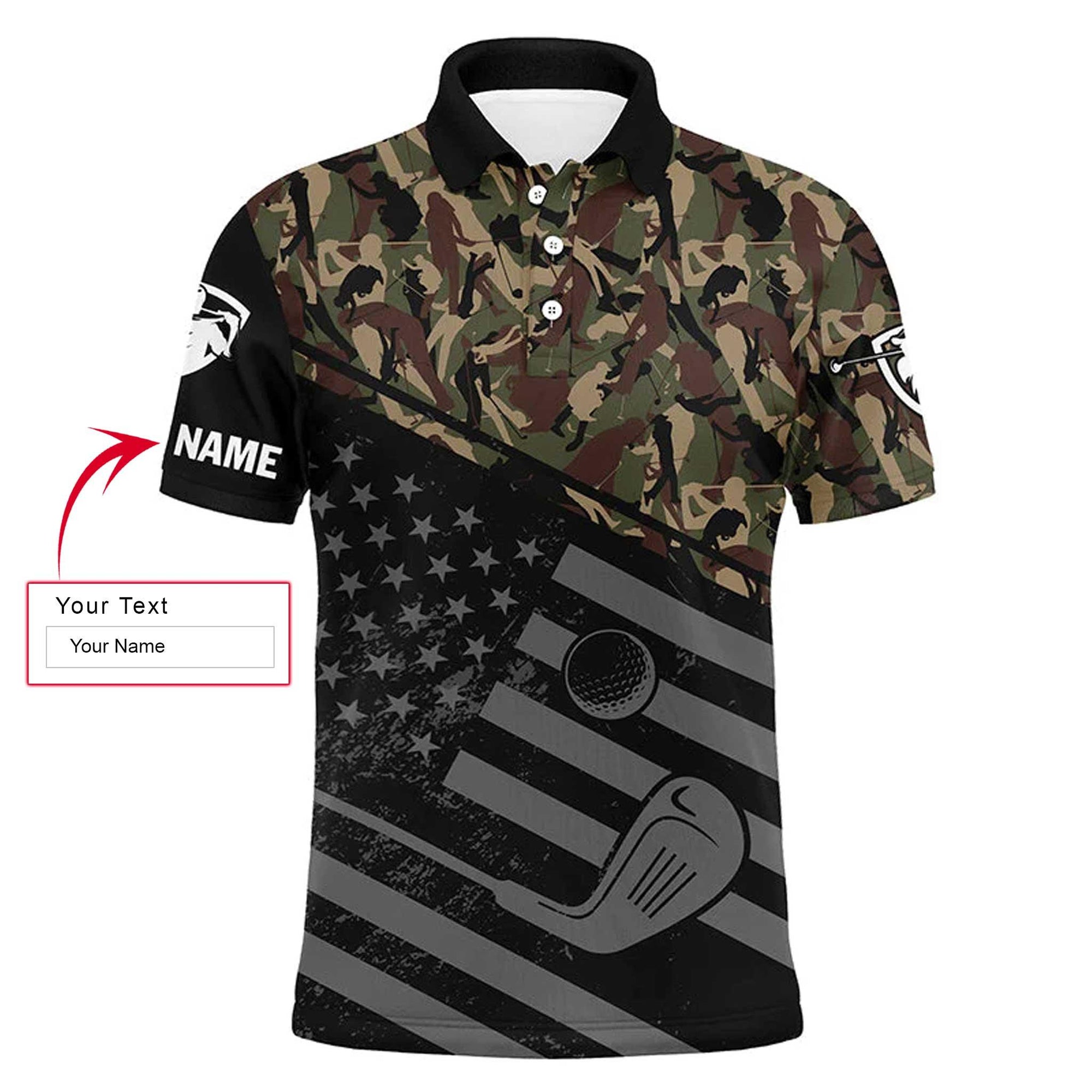 Golf Men Polo Shirt - Black American Flag Patriotic Camo Pattern Custom Name Apparel - Personalized Gift For Golf Lover, Team, 4th July, Patriotic - Amzanimalsgift