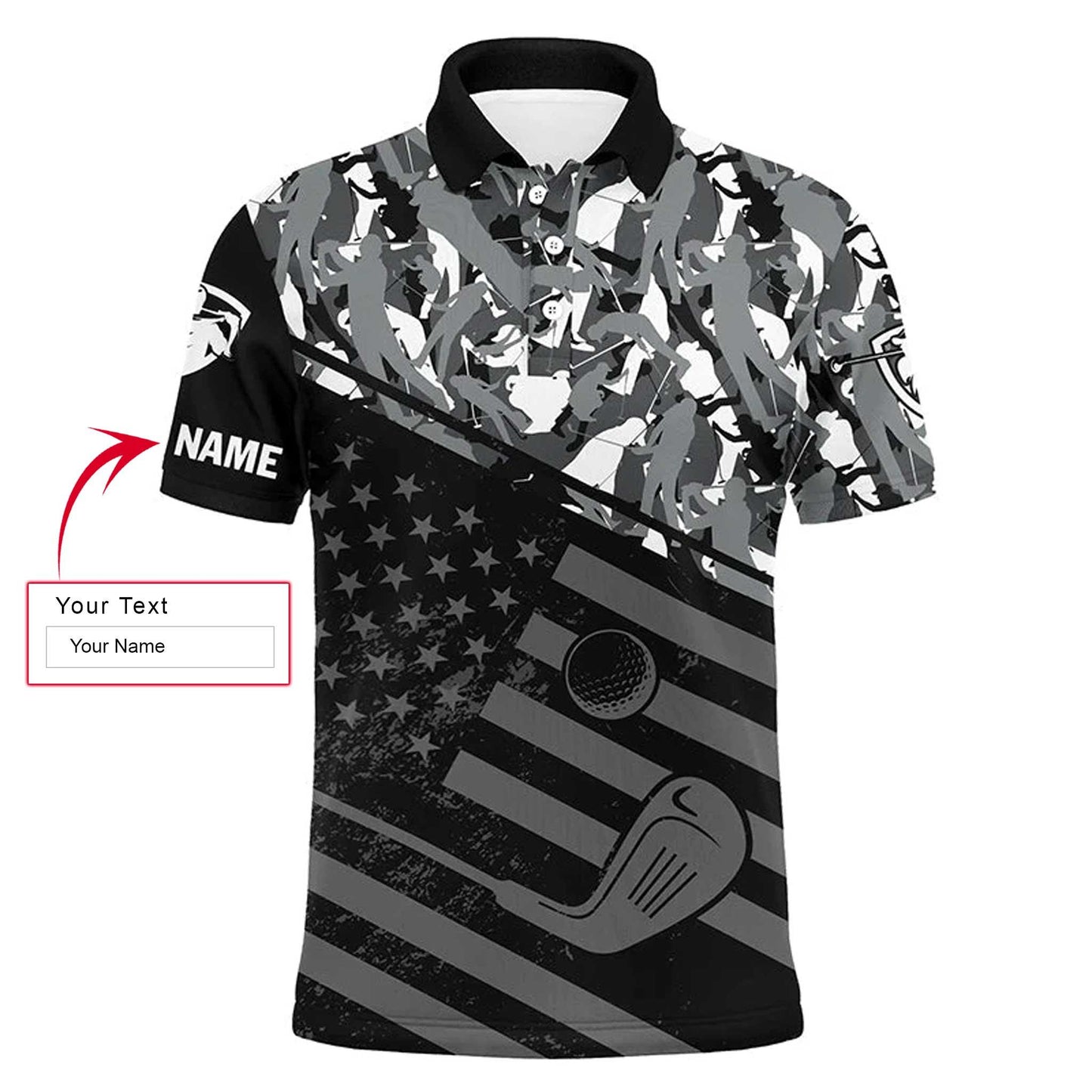 Golf Men Polo Shirt - Black American Flag Patriotic Camo Pattern Custom Name Apparel - Personalized Gift For Golf Lover, Team, 4th July, Patriotic - Amzanimalsgift