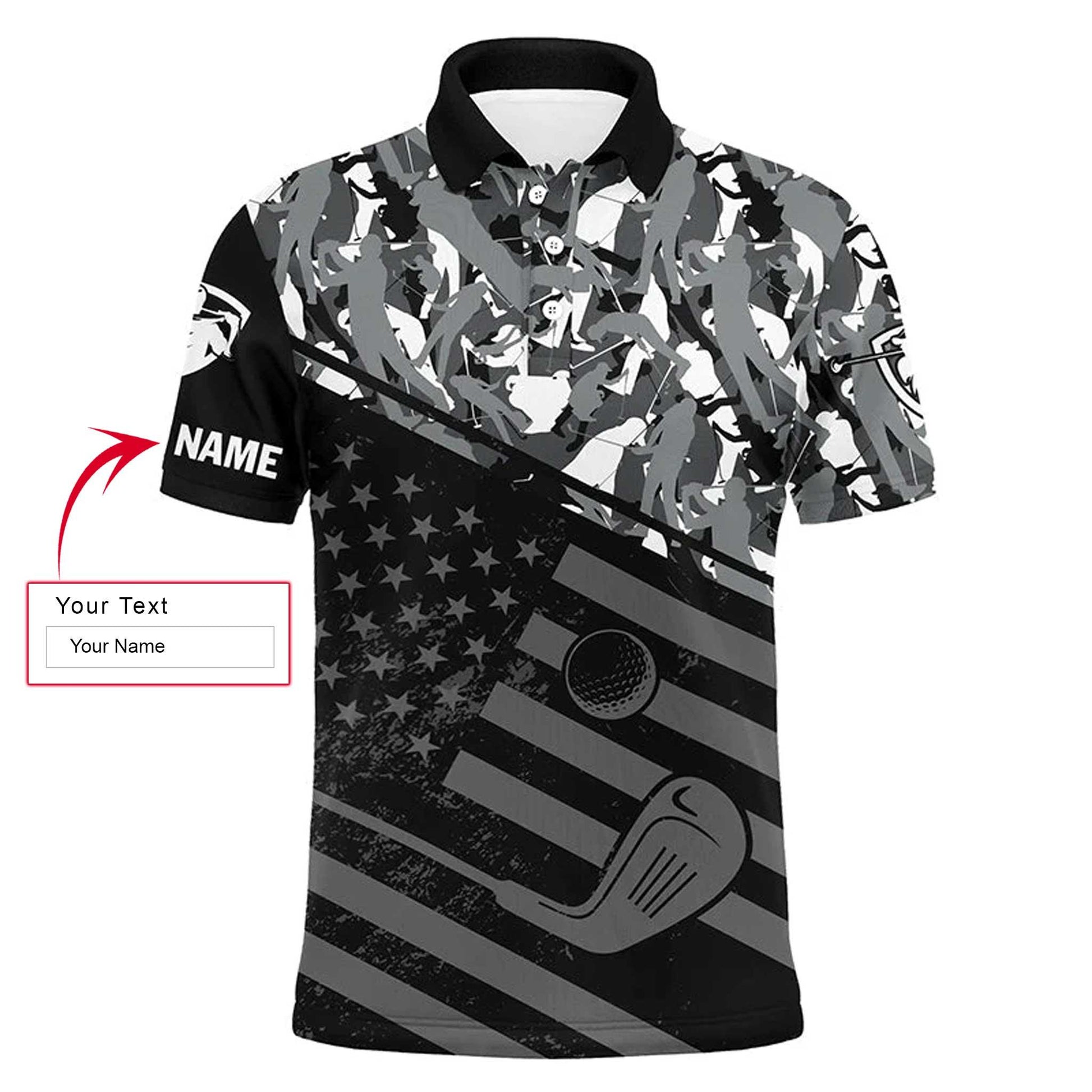 Golf Men Polo Shirt - Black American Flag Patriotic Camo Pattern Custom Name Apparel - Personalized Gift For Golf Lover, Team, 4th July, Patriotic - Amzanimalsgift
