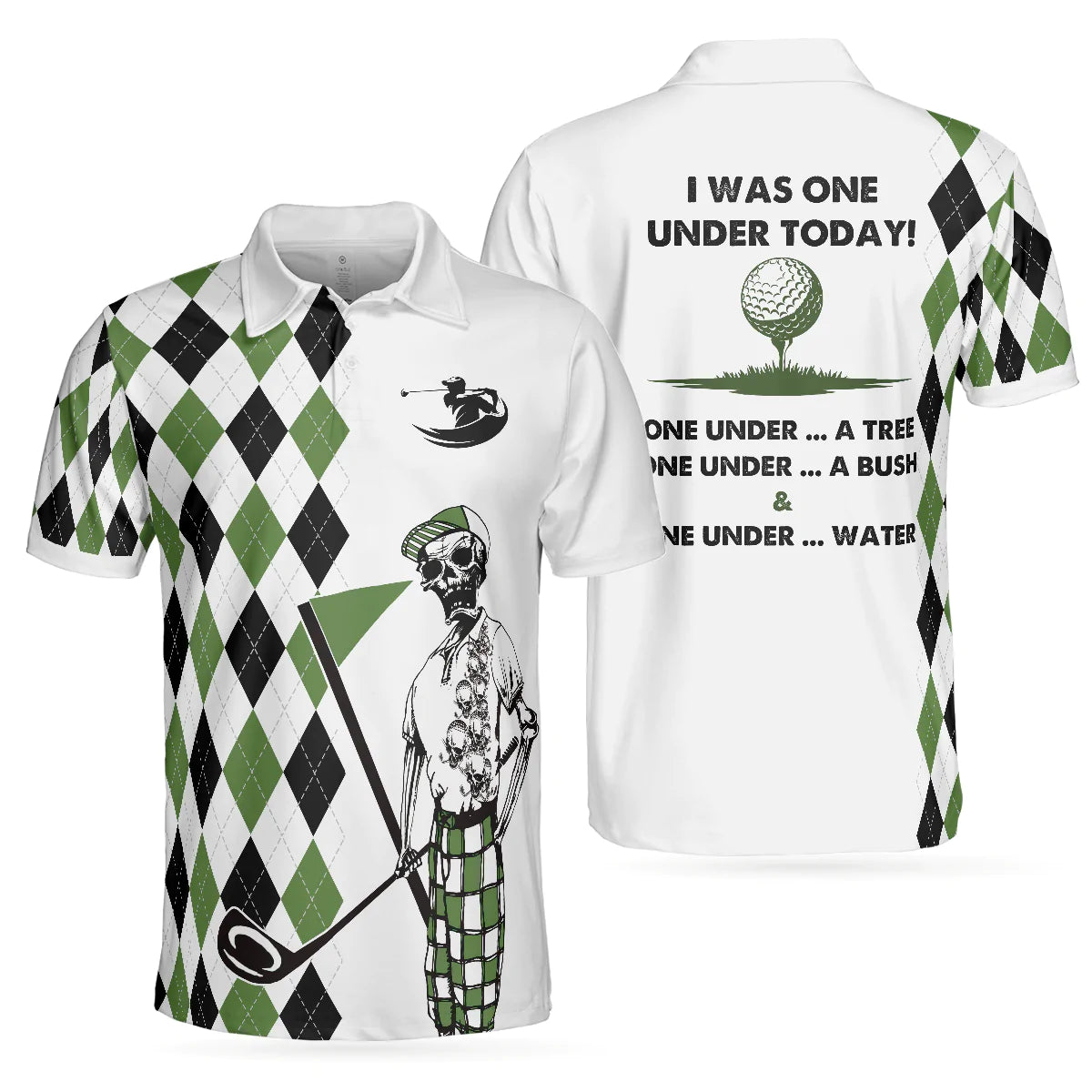 Golf Men Polo Shirt, Black And Green Argyle Pattern Skeleton, I Was One Under Today Polo Shirt, Gift Idea For Male Players, Golfers, Golf Lovers - Amzanimalsgift