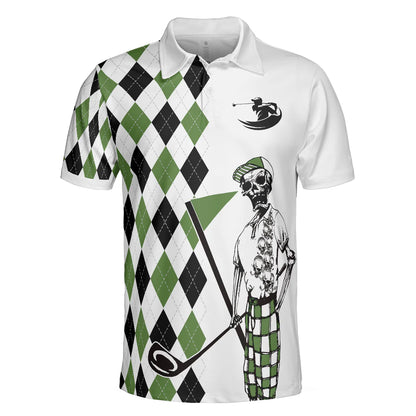Golf Men Polo Shirt, Black And Green Argyle Pattern Skeleton, I Was One Under Today Polo Shirt, Gift Idea For Male Players, Golfers, Golf Lovers - Amzanimalsgift