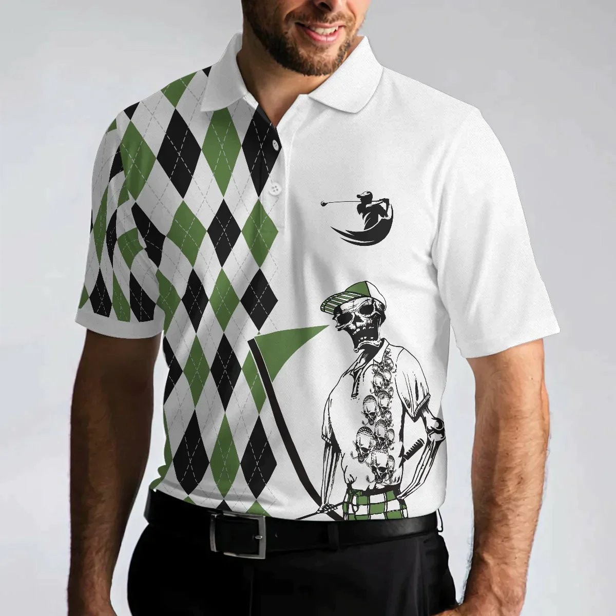 Golf Men Polo Shirt, Black And Green Argyle Pattern Skeleton, I Was One Under Today Polo Shirt, Gift Idea For Male Players, Golfers, Golf Lovers - Amzanimalsgift