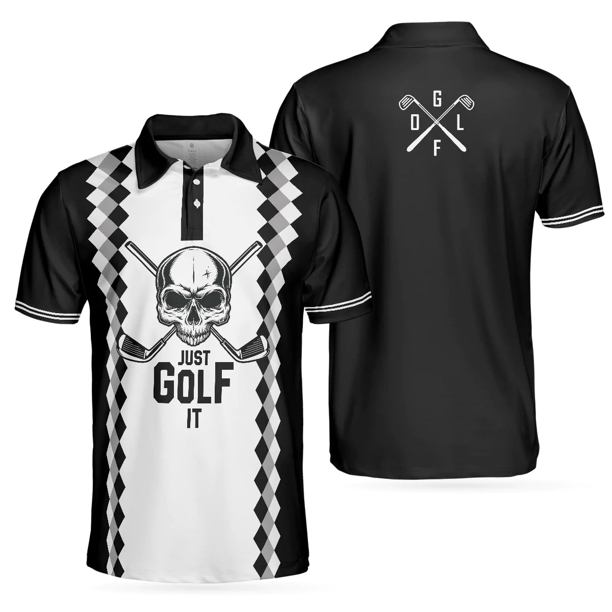 Golf Men Polo Shirt, Black And White Argyle Pattern Polo Shirt, Just Golf It Skull Golf Shirt For Men - Gift For Golfers, Golf Lovers - Amzanimalsgift