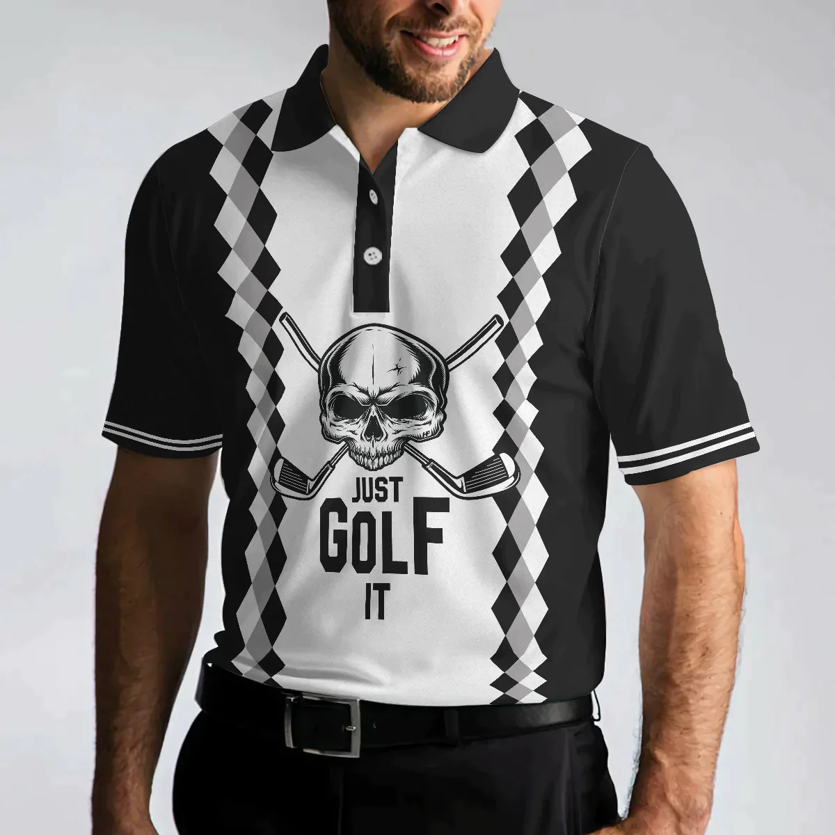 Golf Men Polo Shirt, Black And White Argyle Pattern Polo Shirt, Just Golf It Skull Golf Shirt For Men - Gift For Golfers, Golf Lovers - Amzanimalsgift