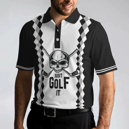 Golf Men Polo Shirt, Black And White Argyle Pattern Polo Shirt, Just Golf It Skull Golf Shirt For Men - Gift For Golfers, Golf Lovers - Amzanimalsgift