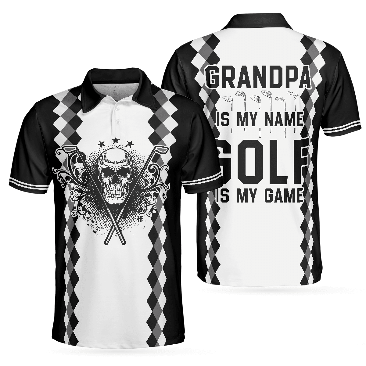 Golf Men Polo Shirt, Black And White Argyle Pattern Skull, Grandpa Is My Name Golf Is My Game Golf Shirt For Men - Gift For Golfers, Golf Lovers - Amzanimalsgift