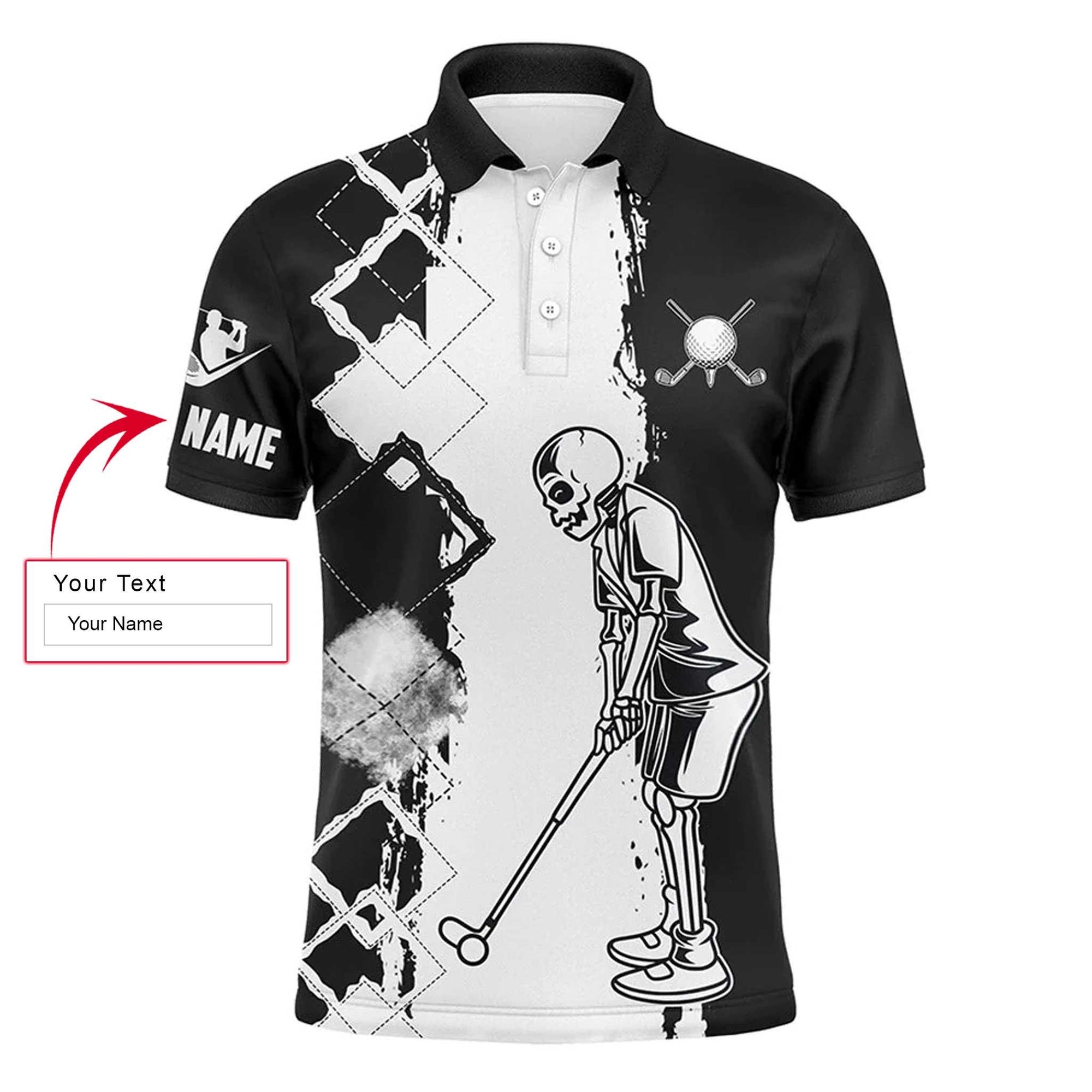 Golf Men Polo Shirt - Black And White Mens Skull Golfing Custom Name Apparel - Personalized Gift For Golf Lover, Team, Golfer - Amzanimalsgift