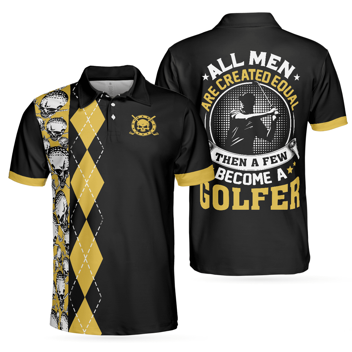 Golf Men Polo Shirt, Black And Yellow Skull, All Men Are Created Equal Then A Few Become A Golfer Shirt For Men, Gift For Golfers, Golf Lovers - Amzanimalsgift