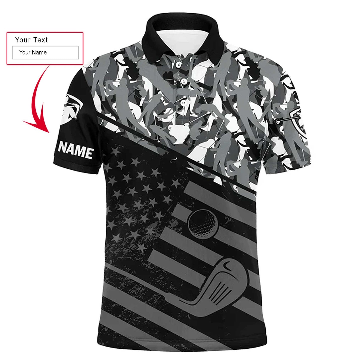 Golf Men Polo Shirt, Camo Polo Custom Name, Black American Flag Patriotic Apparel - Personalized Sports Gift For Men, Husband, Boyfriend, Golf Lovers - Amzanimalsgift