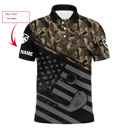 Golf Men Polo Shirt, Camo Polo Custom Name, Black American Flag Patriotic Apparel - Personalized Sports Gift For Men, Husband, Boyfriend, Golf Lovers - Amzanimalsgift