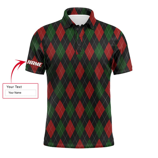 Golf Men Polo Shirt - Christmas Plaid Argyle Pattern Custom Name Apparel - Personalized Gift For Golf Lover, Men, Husband, Boyfriend, Team - Amzanimalsgift