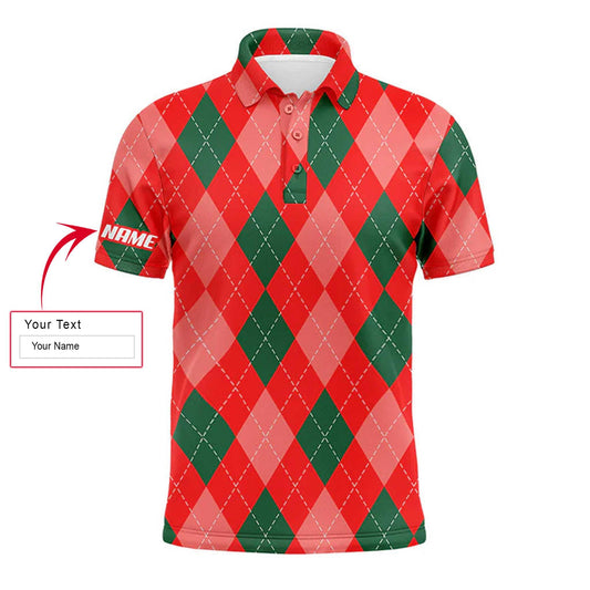 Golf Men Polo Shirt - Christmas Plaid Red Argyle Pattern Custom Name Apparel - Personalized Gift For Golf Lover, Men, Husband, Team, Boyfriend - Amzanimalsgift