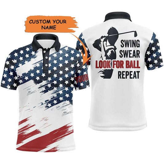 Golf Men Polo Shirt - Custom Name American Flag Apparel - Personalized Gift For Golf Lover, Team, Golfer, Patriotic - Swing Swear Look For Ball Repeat - Amzanimalsgift