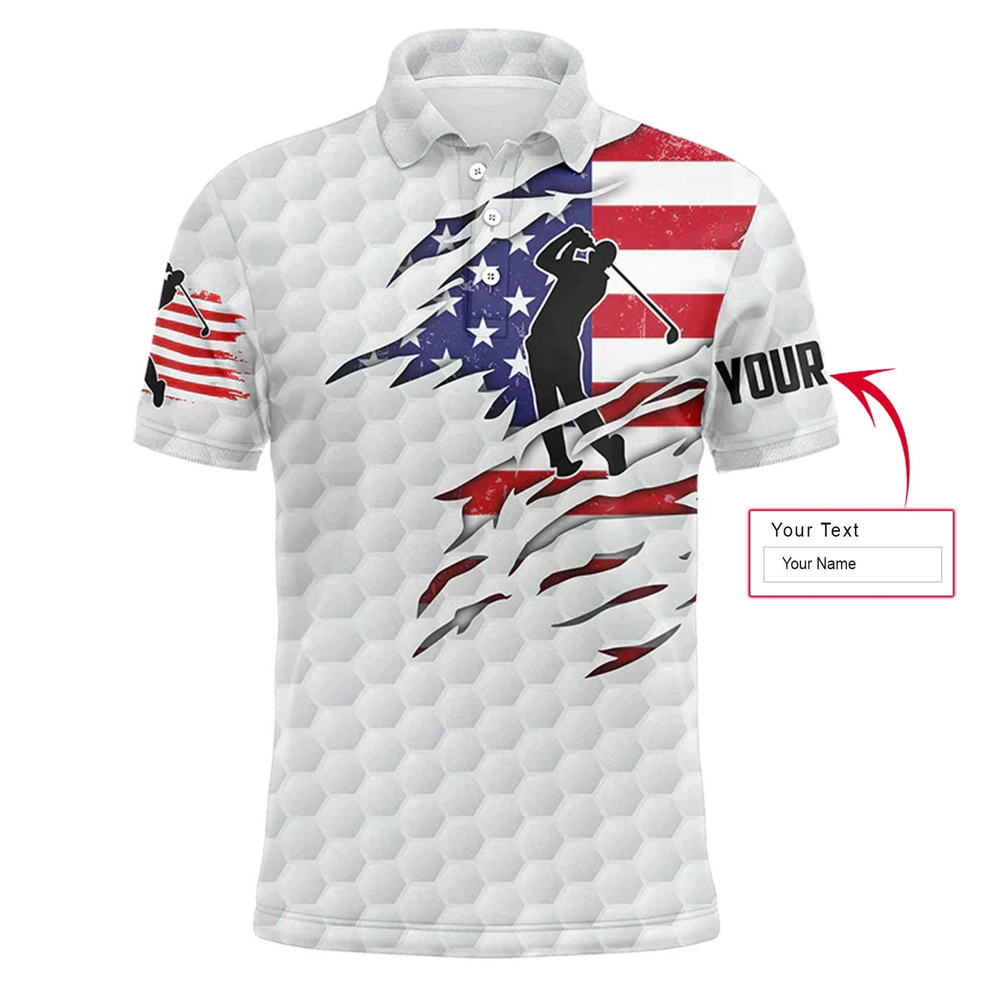 Golf Men Polo Shirt - Custom Name American Flag Patriot White Golf Balls Apparel - Personalized Sports Gift For Golf Lover, Male, Husband, Boyfriend - Amzanimalsgift