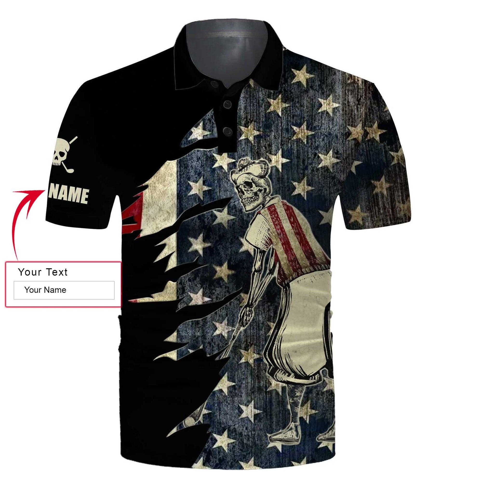 Golf Men Polo Shirt - Custom Name American Flag Skull Patriotic Black Apparel Men Polo Shirt - Personalized Gift For Golf Lover, Team, Golfer, 4th July - Amzanimalsgift