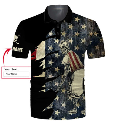 Golf Men Polo Shirt - Custom Name American Flag Skull Patriotic Black Apparel Men Polo Shirt - Personalized Gift For Golf Lover, Team, Golfer, 4th July - Amzanimalsgift