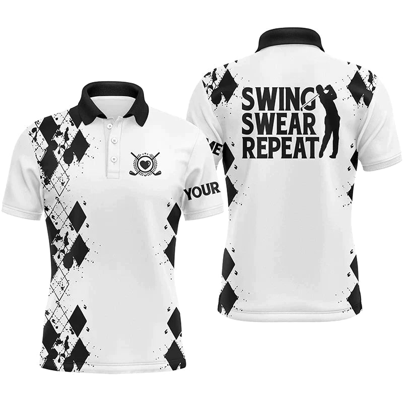 Golf Men Polo Shirt - Custom Name Argyle Black White Swing Swear Repeat Apparel - Personalized Sports Gift For Golf Lover, Male, Husband, Boyfriend - Amzanimalsgift