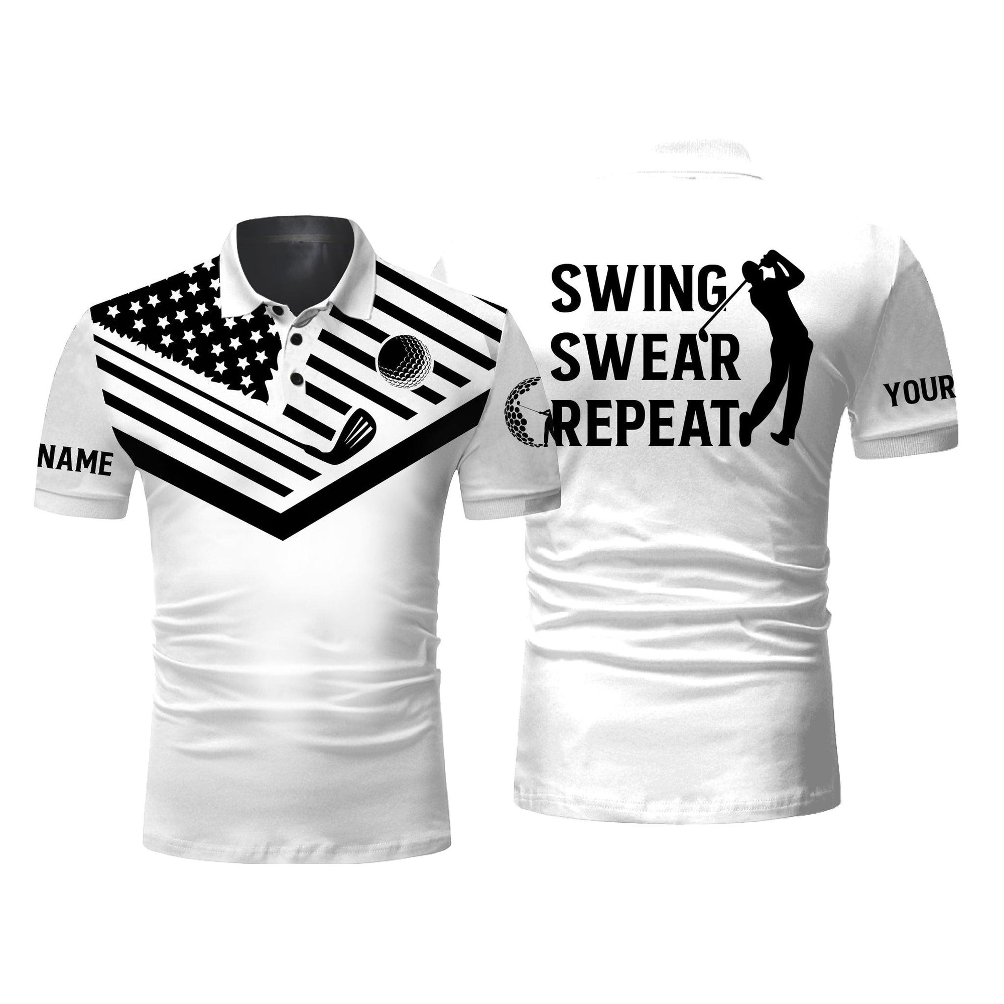 Golf Men Polo Shirt - Custom Name Black American Flag 4th July Apparel, Swing Swear Repeat Men Golf Polo Shirt - Gift For Golf Lover - Amzanimalsgift