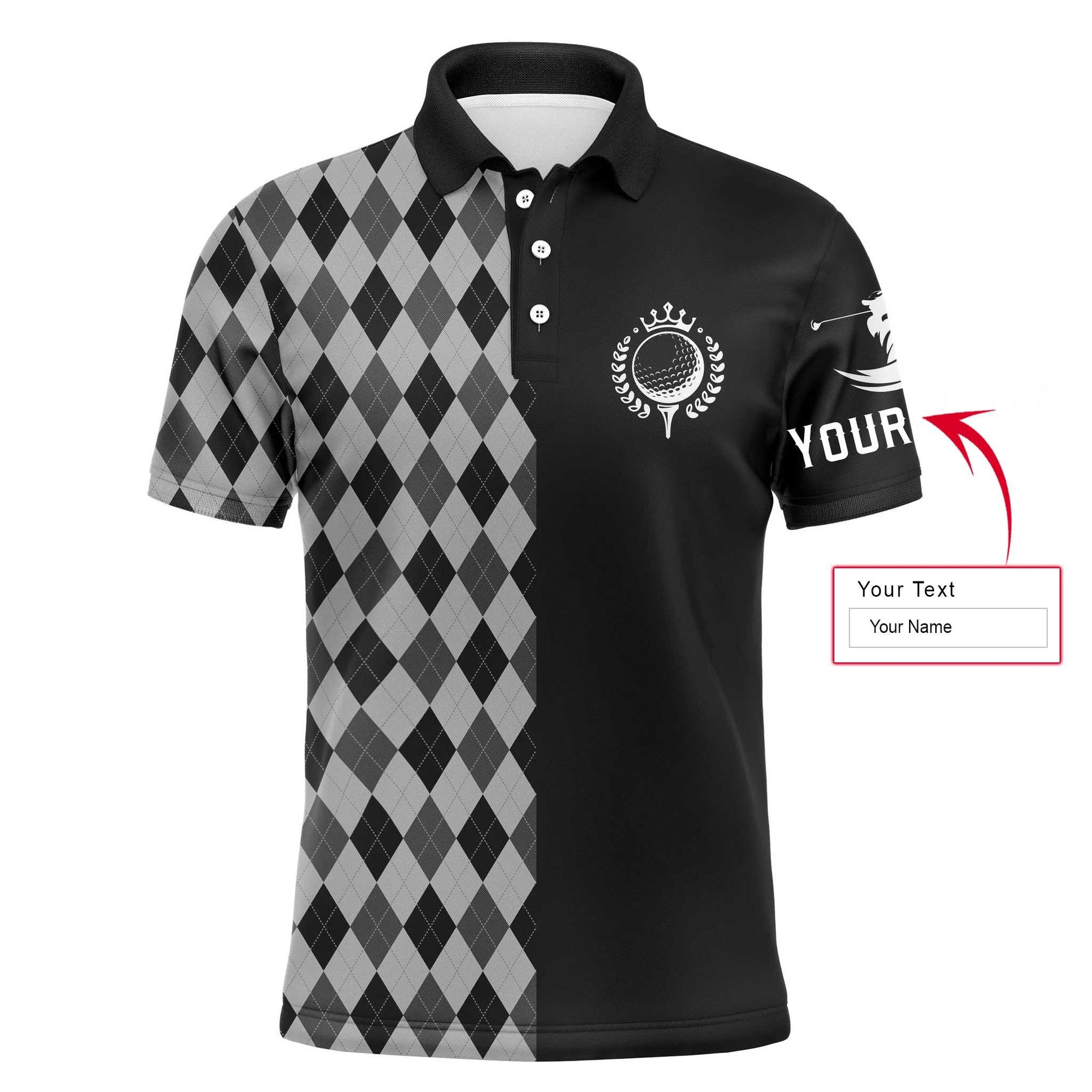 Golf Men Polo Shirt - Custom Name Black Gray Argyle Pattern Apparel - Personalized Sports Gift For Golf Lover, Male, Husband, Boyfriend, Golf Up - Amzanimalsgift