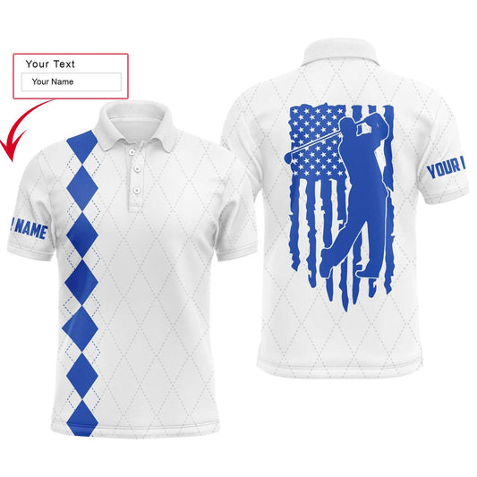 Golf Men Polo Shirt - Custom Name Blue American Flag Apparel - Personalized Gift For Golf Lover, Team, Husband, Boyfriend, Men, Patriotic, 4th July - Amzanimalsgift