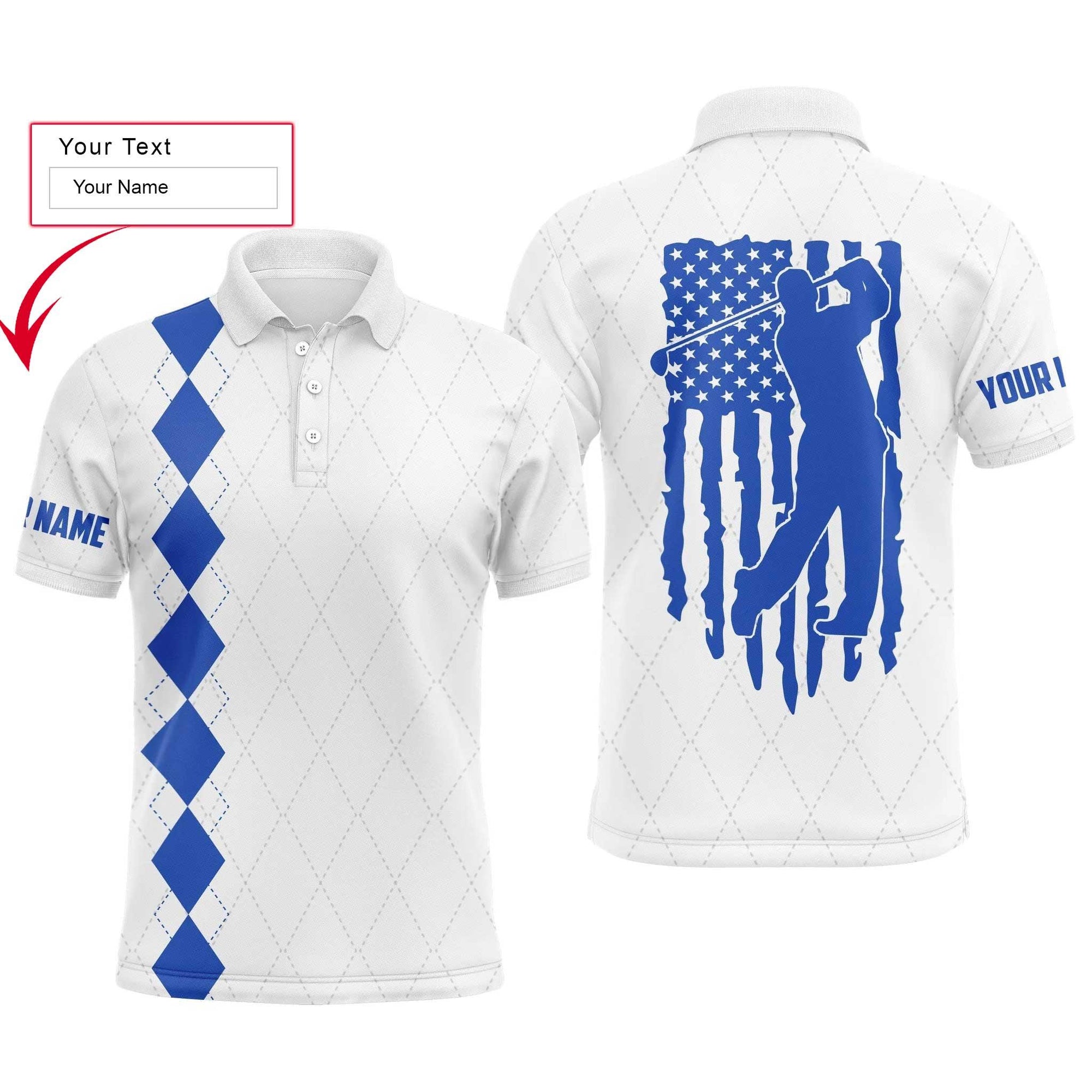 Golf Men Polo Shirt - Custom Name Blue American Flag Apparel - Personalized Gift For Golf Lover, Team, Husband, Boyfriend, Men, Patriotic, 4th July - Amzanimalsgift