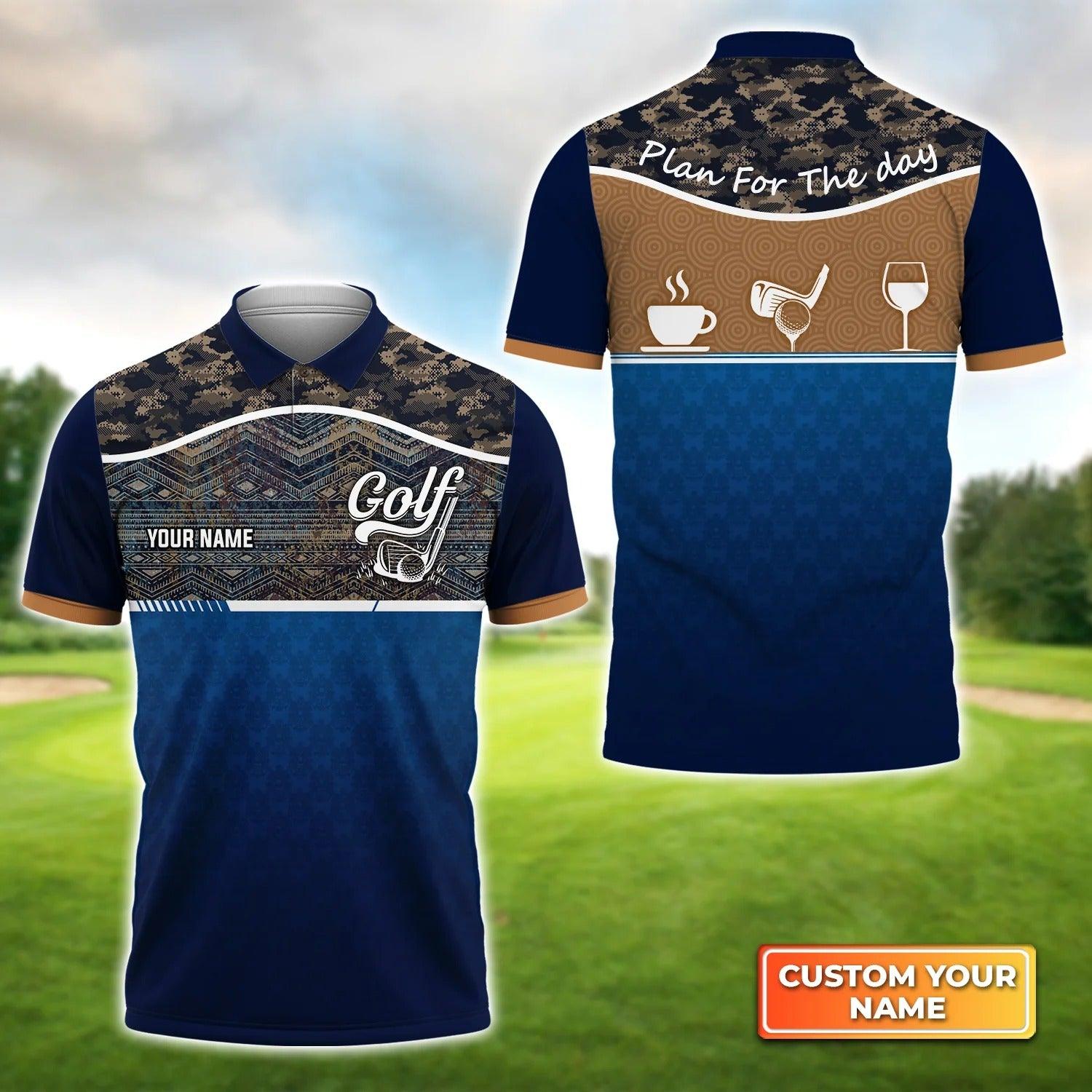 Golf Men Polo Shirt Custom Name - Blue Golf Jersey Plan For The Day Camo Pattern Personalized Polo Shirt For Men - Gift For Golfers, Friend, Family - Amzanimalsgift