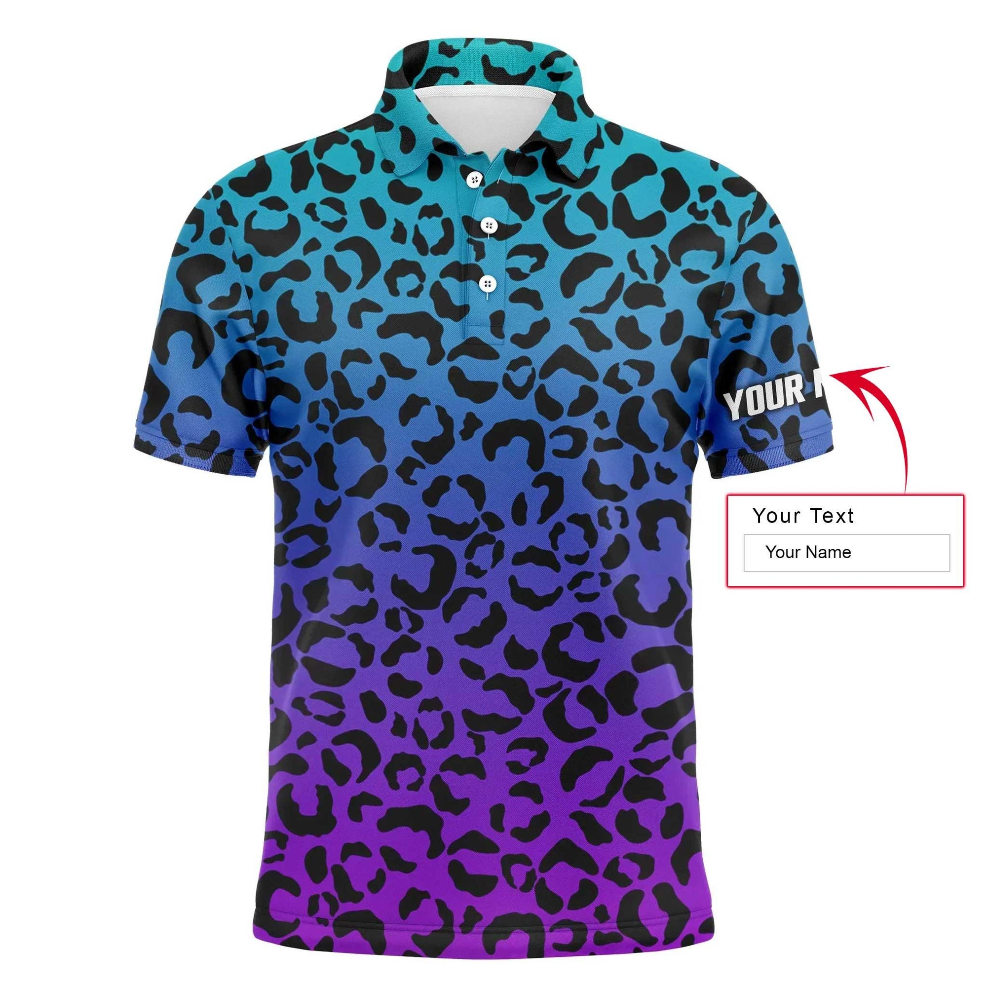 Golf Men Polo Shirt - Custom Name Blue Purple Neon Leopard Pattern Apparel Men Polo Shirt - Personalized Gift For Golf Lover, Team, Husband, Boyfriend, Men - Amzanimalsgift