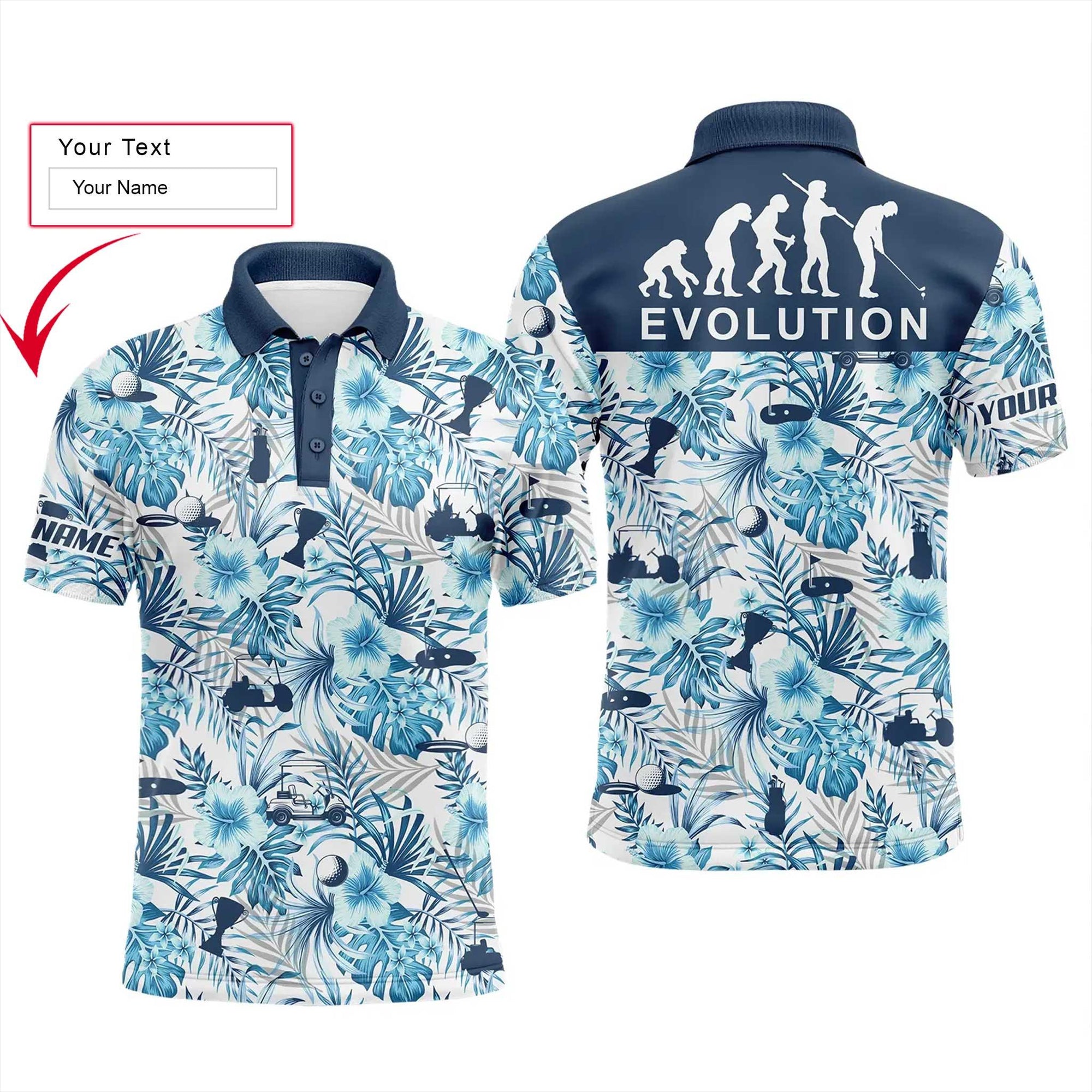 Golf Men Polo Shirt - Custom Name Blue Tropical Plant Pattern Apparel - Personalized Gift For Golf Lover, Team, Husband, Boyfriend, Men - Evolution - Amzanimalsgift