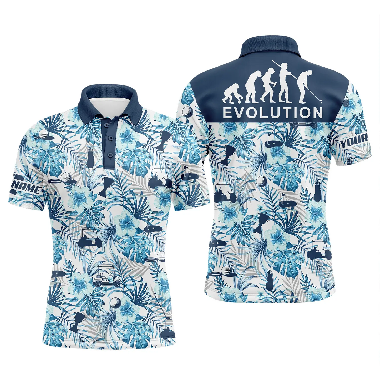 Golf Men Polo Shirt - Custom Name Blue Tropical Plant Pattern Apparel - Personalized Gift For Golf Lover, Team, Husband, Boyfriend, Men - Evolution - Amzanimalsgift
