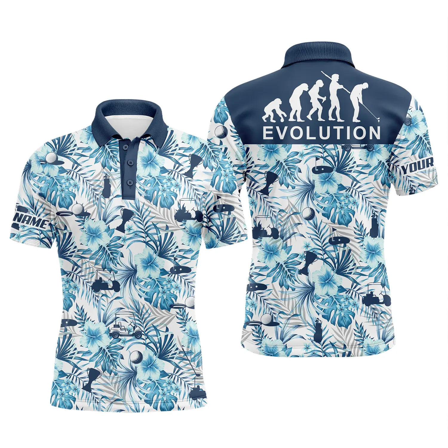 Golf Men Polo Shirt - Custom Name Blue Tropical Plant Pattern Apparel - Personalized Gift For Golf Lover, Team, Husband, Boyfriend, Men - Evolution - Amzanimalsgift