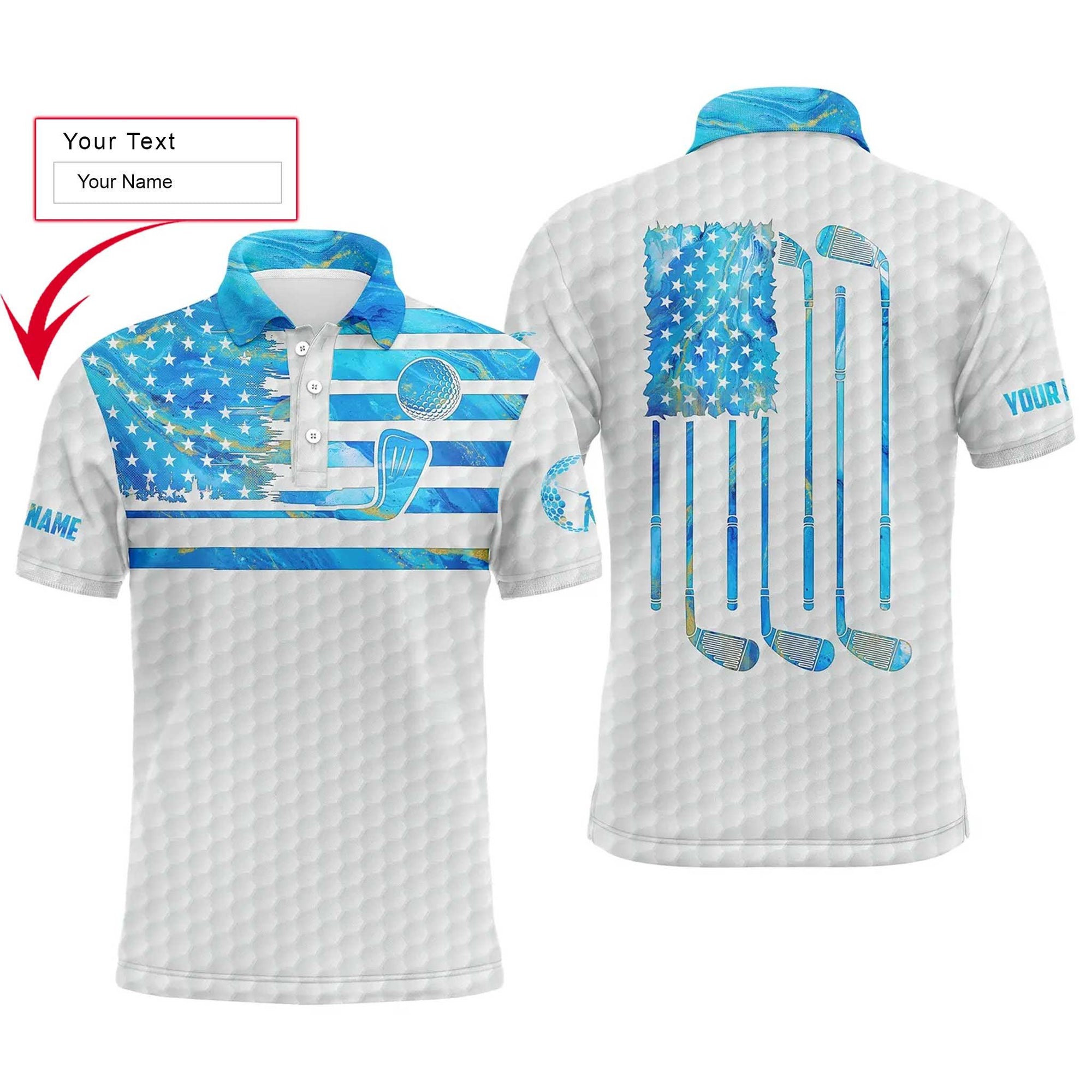Golf Men Polo Shirt - Custom Name Blue Watercolor American Flag Apparel - Personalized Gift For Golf Lover, Team, Husband, Boyfriend, Men - Amzanimalsgift