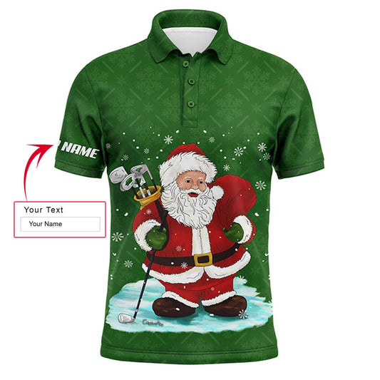 Golf Men Polo Shirt - Custom Name Christmas Green Pattern Santa Golfer Apparel - Personalized Gift For Golf Lover, Team, Husband, Boyfriend - Amzanimalsgift