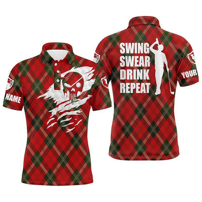 Golf Men Polo Shirt - Custom Name Christmas Pattern Apparel, Swing Swear Drink Repeat Men Polo Shirt - Personalized Gift For Golf Lover, Men - Amzanimalsgift