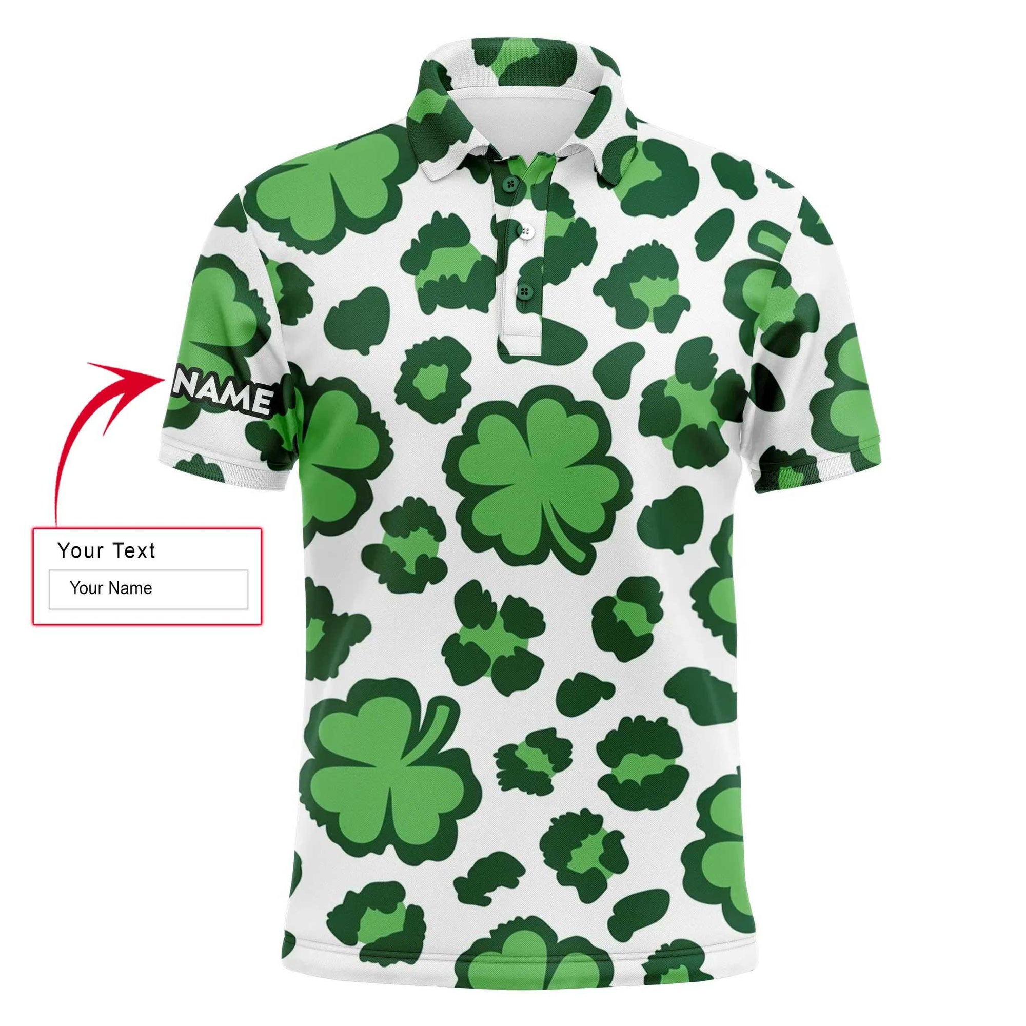 Golf Men Polo Shirt - Custom Name Clover And Leopard Pattern St. Patrick's Day Apparel Men Polo Shirt - Personalized Gift For Golf Lover, Men - Amzanimalsgift