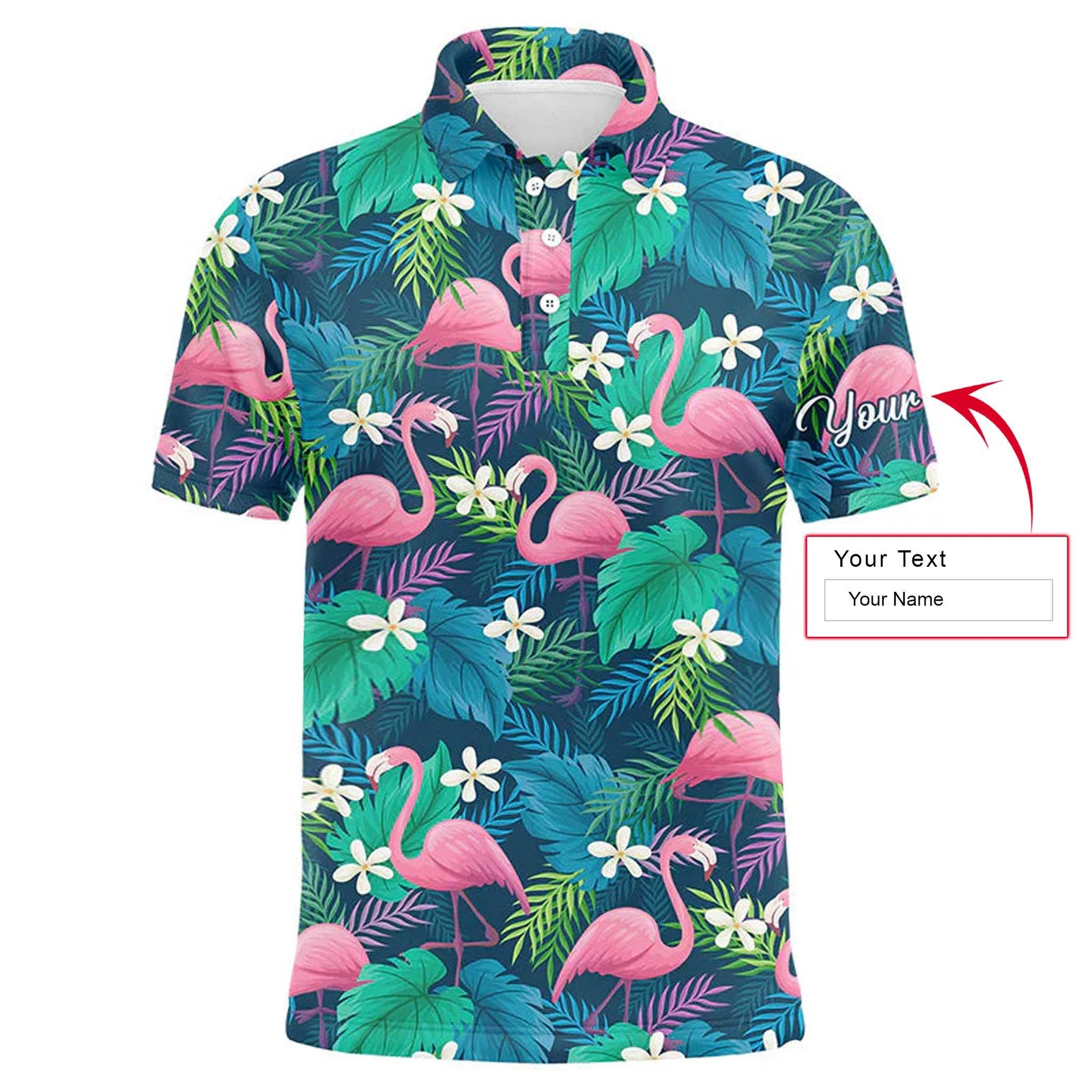 Golf Men Polo Shirt - Custom Name Colorful Flamingo Green Tropical Leaf Pattern Apparel - Personalized Gift For Golf Lover, Team, Husband, Boyfriend - Amzanimalsgift