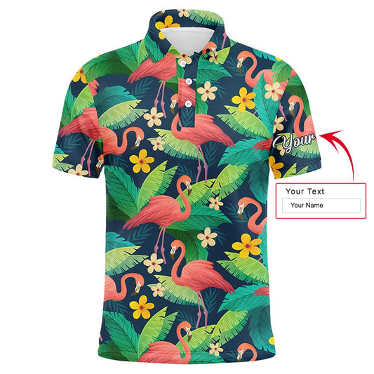 Golf Men Polo Shirt - Custom Name Colorful Flamingo Pattern Green Tropical Leaves Apparel - Personalized Gift For Golf Lover, Team, Husband, Boyfriend - Amzanimalsgift