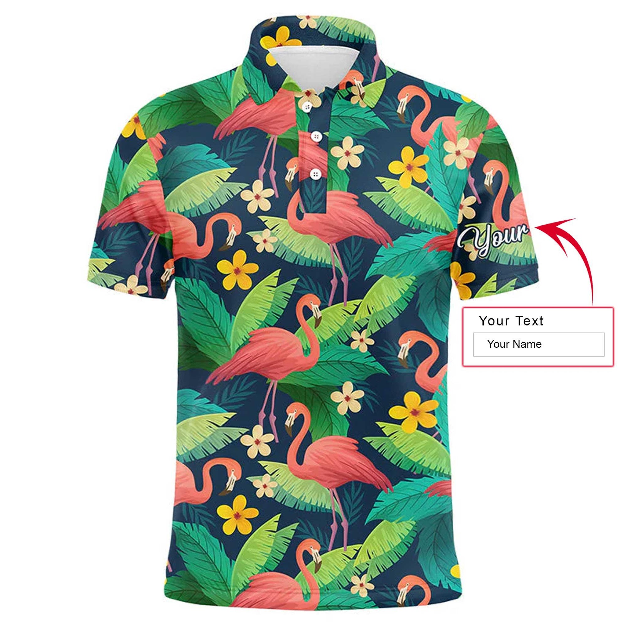 Golf Men Polo Shirt - Custom Name Colorful Flamingo Pattern Green Tropical Leaves Apparel - Personalized Gift For Golf Lover, Team, Husband, Boyfriend - Amzanimalsgift