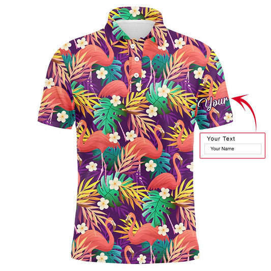 Golf Men Polo Shirt - Custom Name Colorful Flamingo Pattern Tropical Leaves Apparel - Personalized Gift For Golf Lover, Team, Husband, Boyfriend - Amzanimalsgift