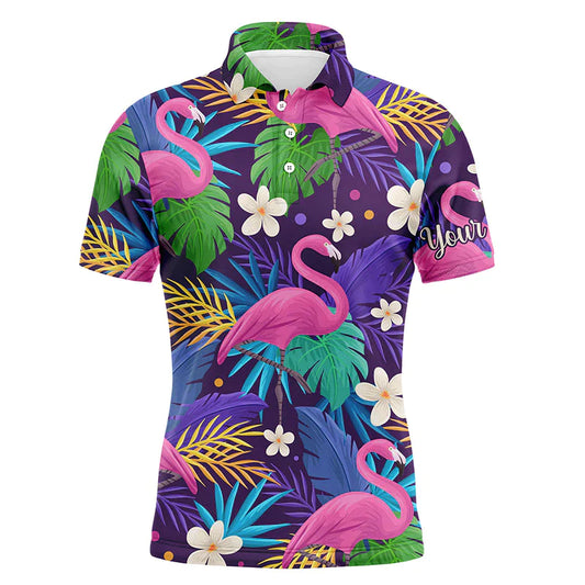 Golf Men Polo Shirt - Custom Name Colorful Floral Flamingo Pattern Tropical Leaves Apparel - Personalized Sports Gift For Golf Lover, Male, Husband - Amzanimalsgift