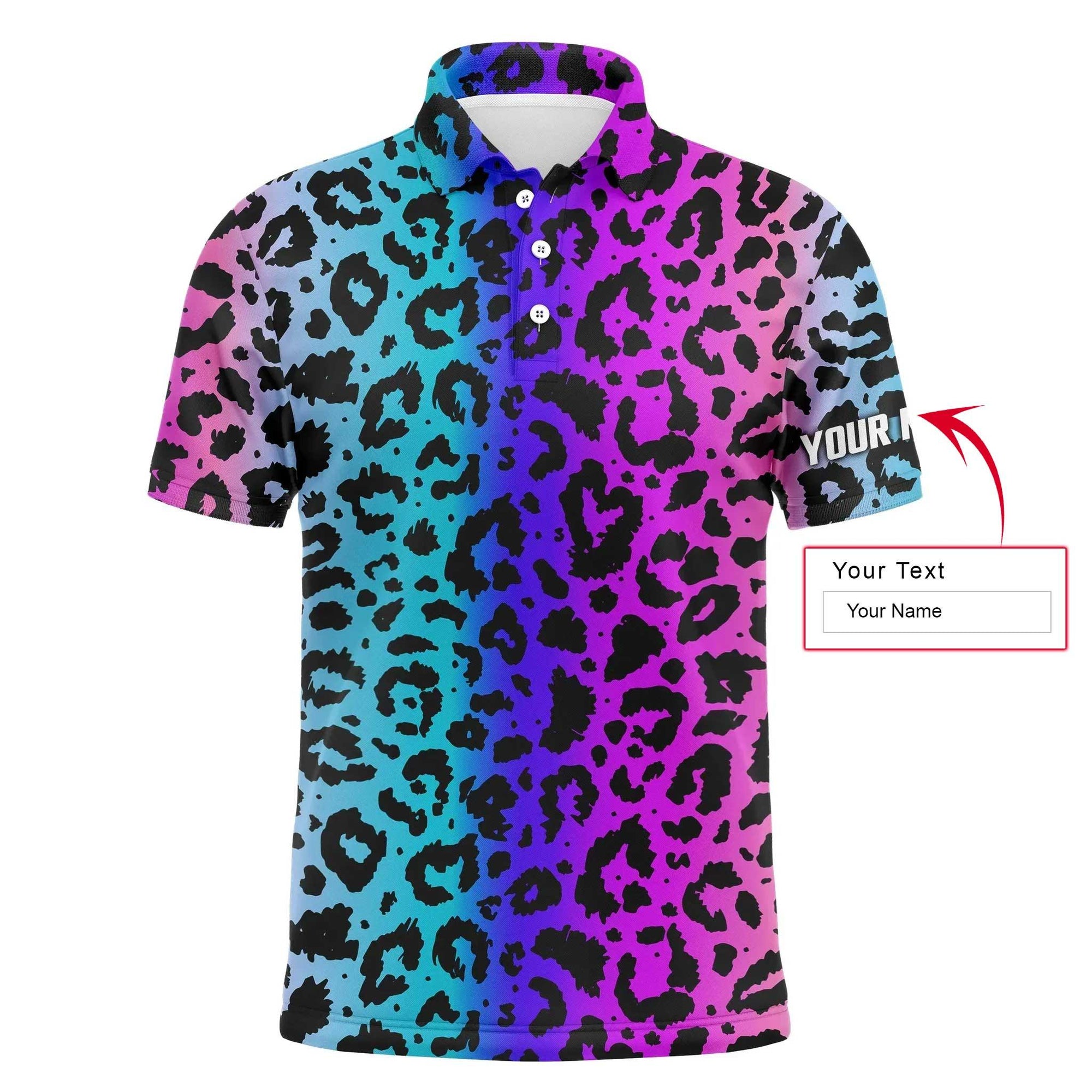 Golf Men Polo Shirt - Custom Name Colorful Neon Gradient Leopard Pattern Apparel - Personalized Gift For Golf Lover, Team, Husband, Boyfriend, Men - Amzanimalsgift