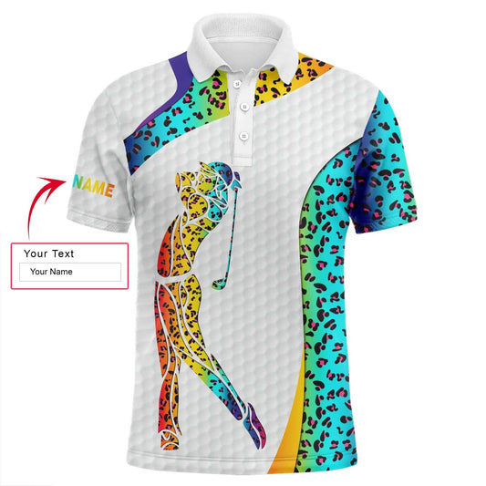 Golf Men Polo Shirt - Custom Name Colorful Rainbow Neon Leopard Apparel - Personalized Gift For Golf Lover, Team, Husband, Boyfriend, Men - Amzanimalsgift