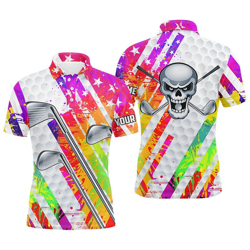 Golf Men Polo Shirt - Custom Name Colorful Watercolor American Flag Skull Apparel Men Polo Shirt- Personalized Gift For Golf Lover, Team, 4th July, Patriotic - Amzanimalsgift